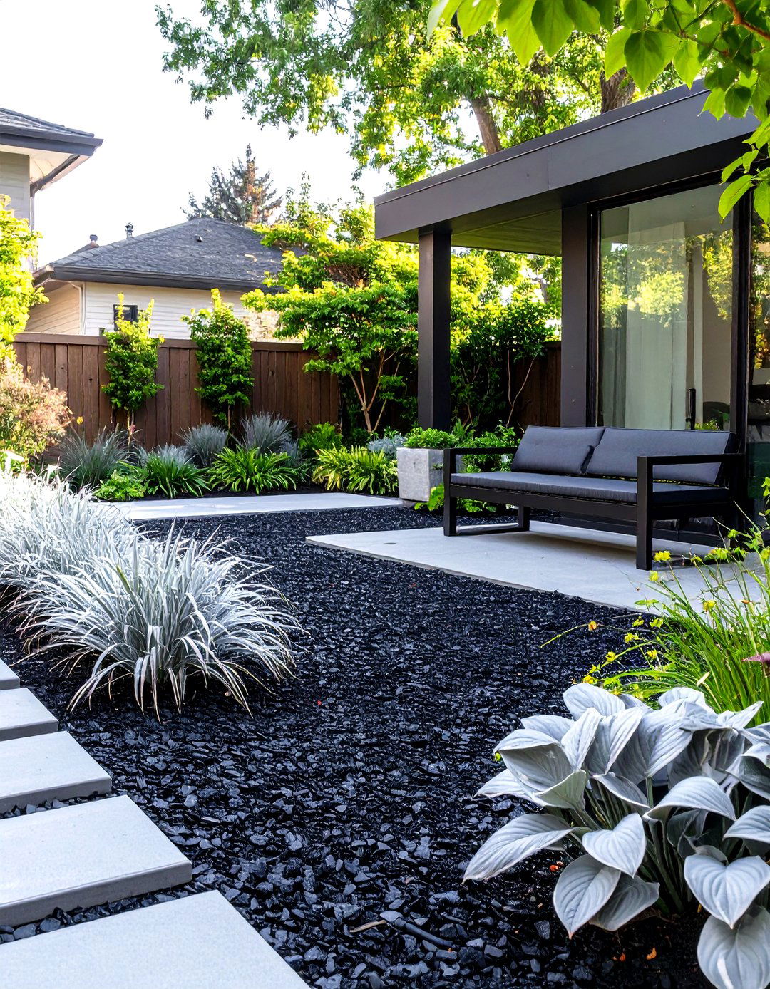 The Black Mulch Monochrome Garden - 30 modern backyard ideas no grass