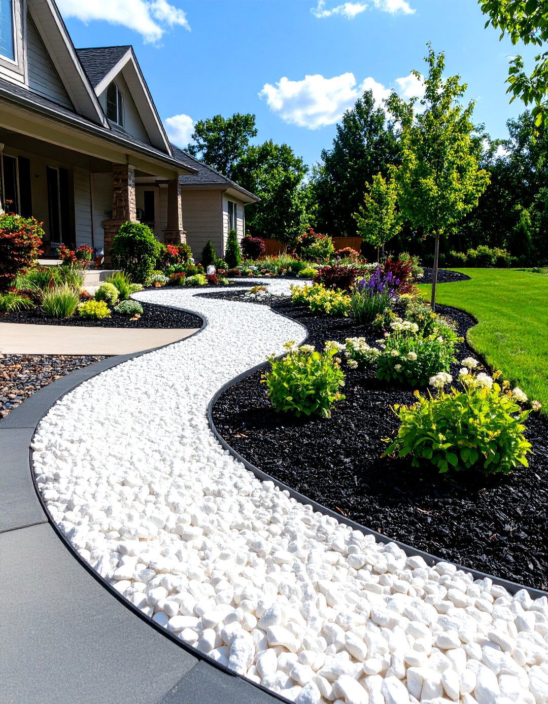 The Black Mulch and White Rock Contrast - 30 front yard landscaping ideas with rocks and mulch