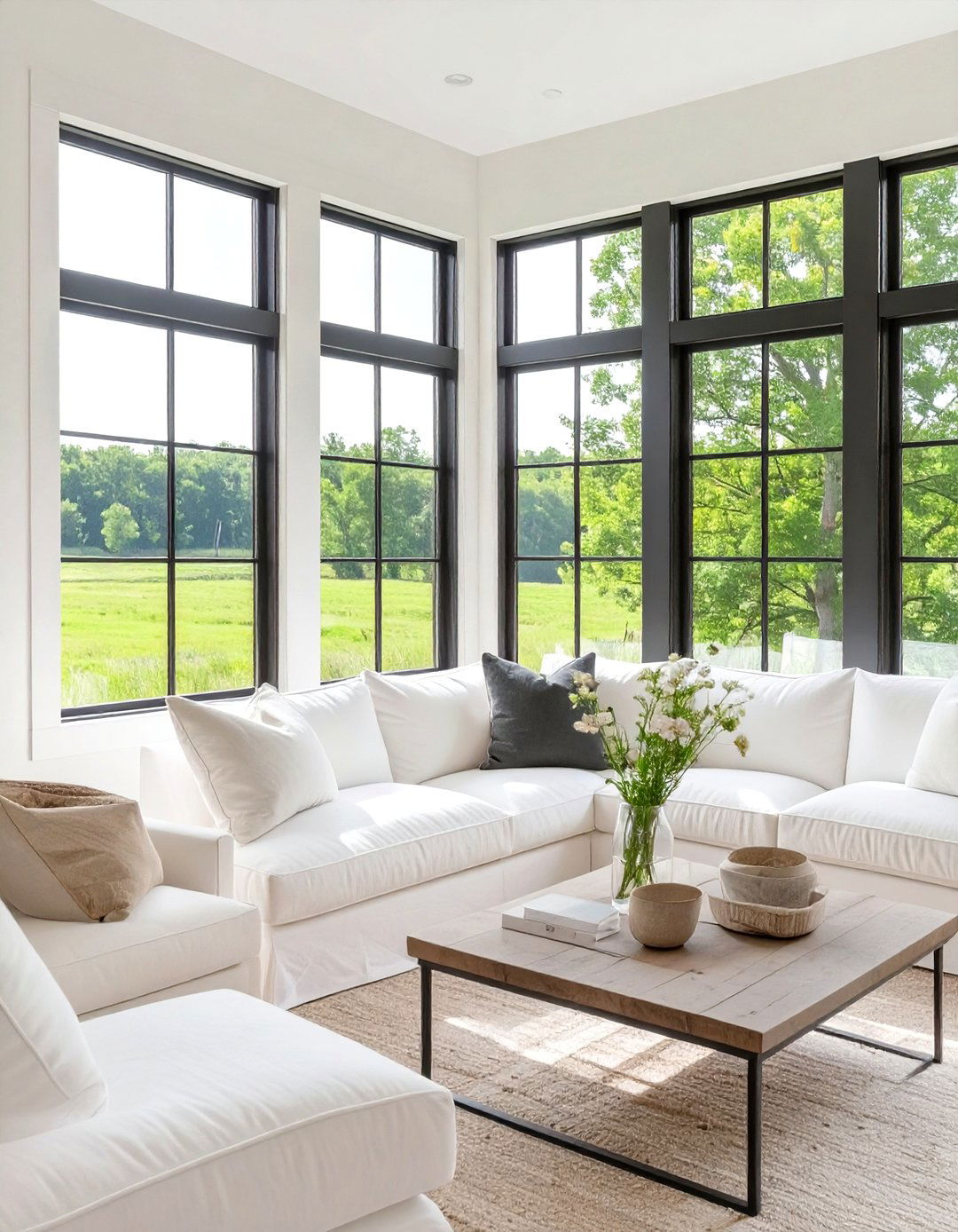 The Black Window Frames Living Room - 30 modern farmhouse living room ideas