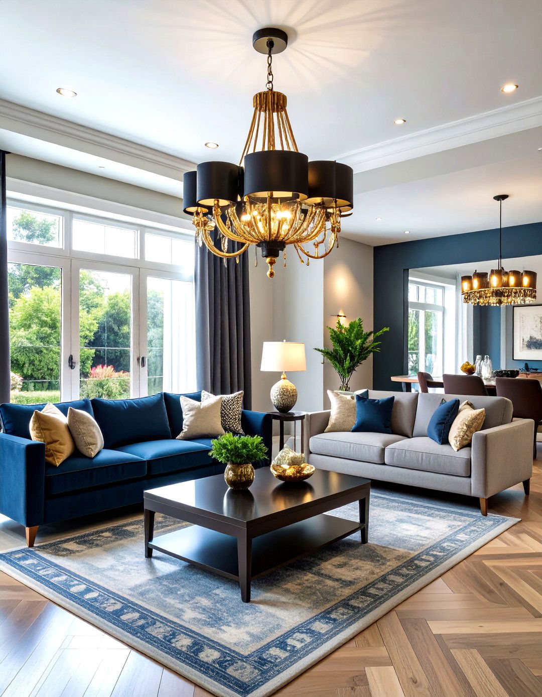 The Black and Brass Chandelier - 30 living room chandelier ideas