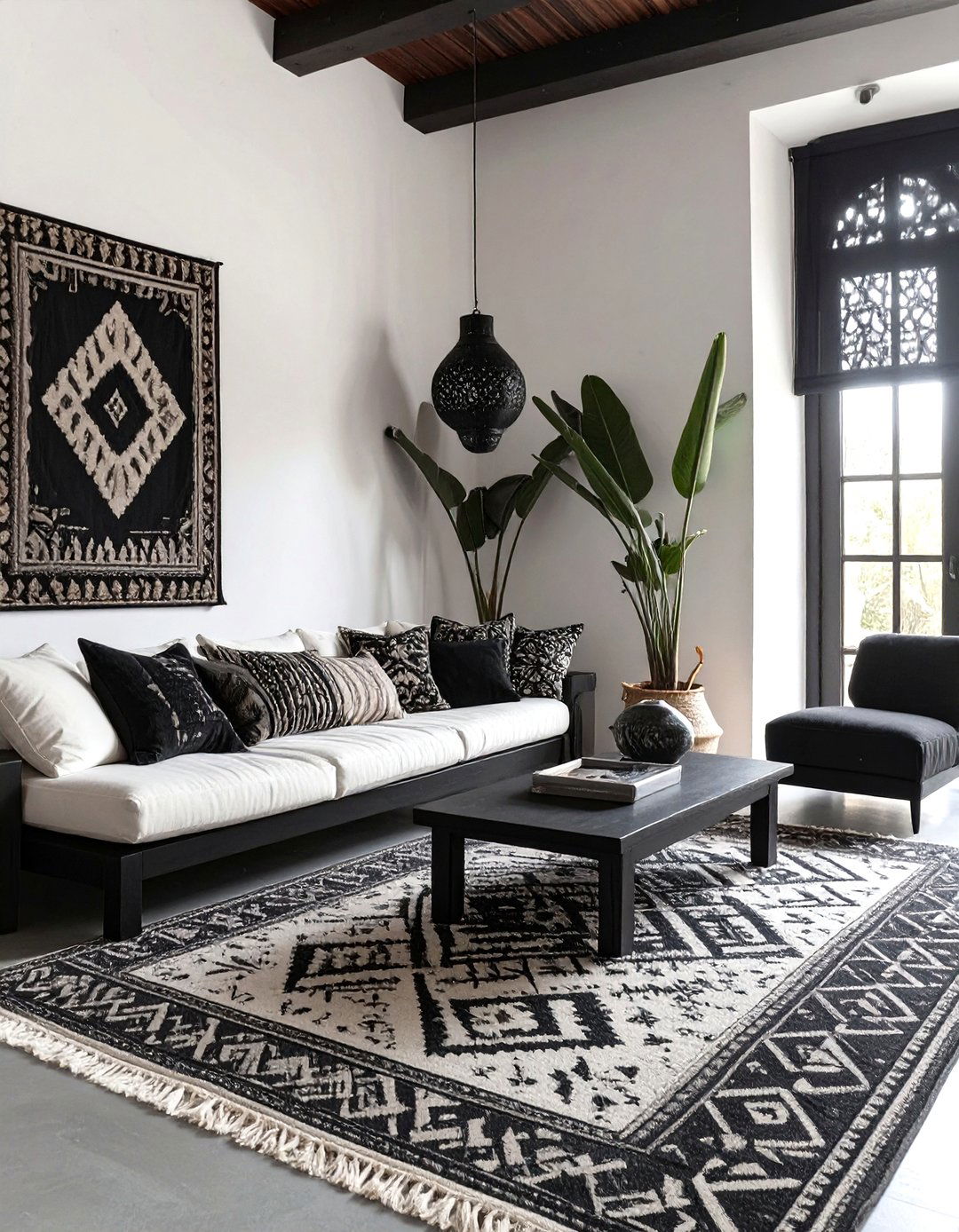 The Black and White Graphic Boho Space - 30 modern bohemian interior design ideas