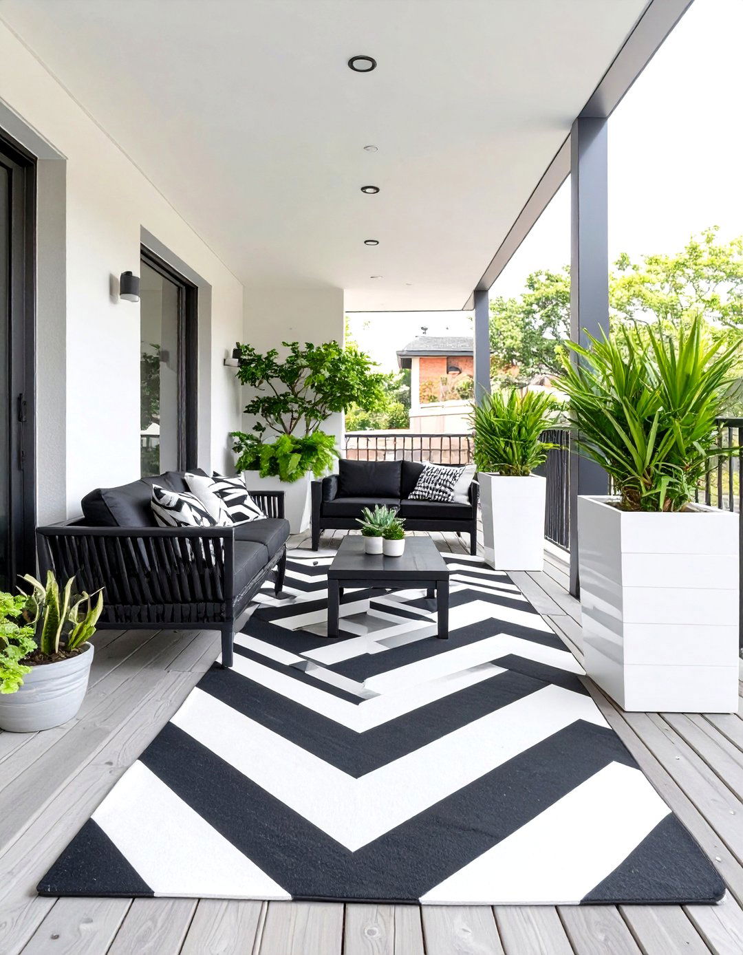 The Black and White Graphic Deck - 30 cozy small deck decorating ideas