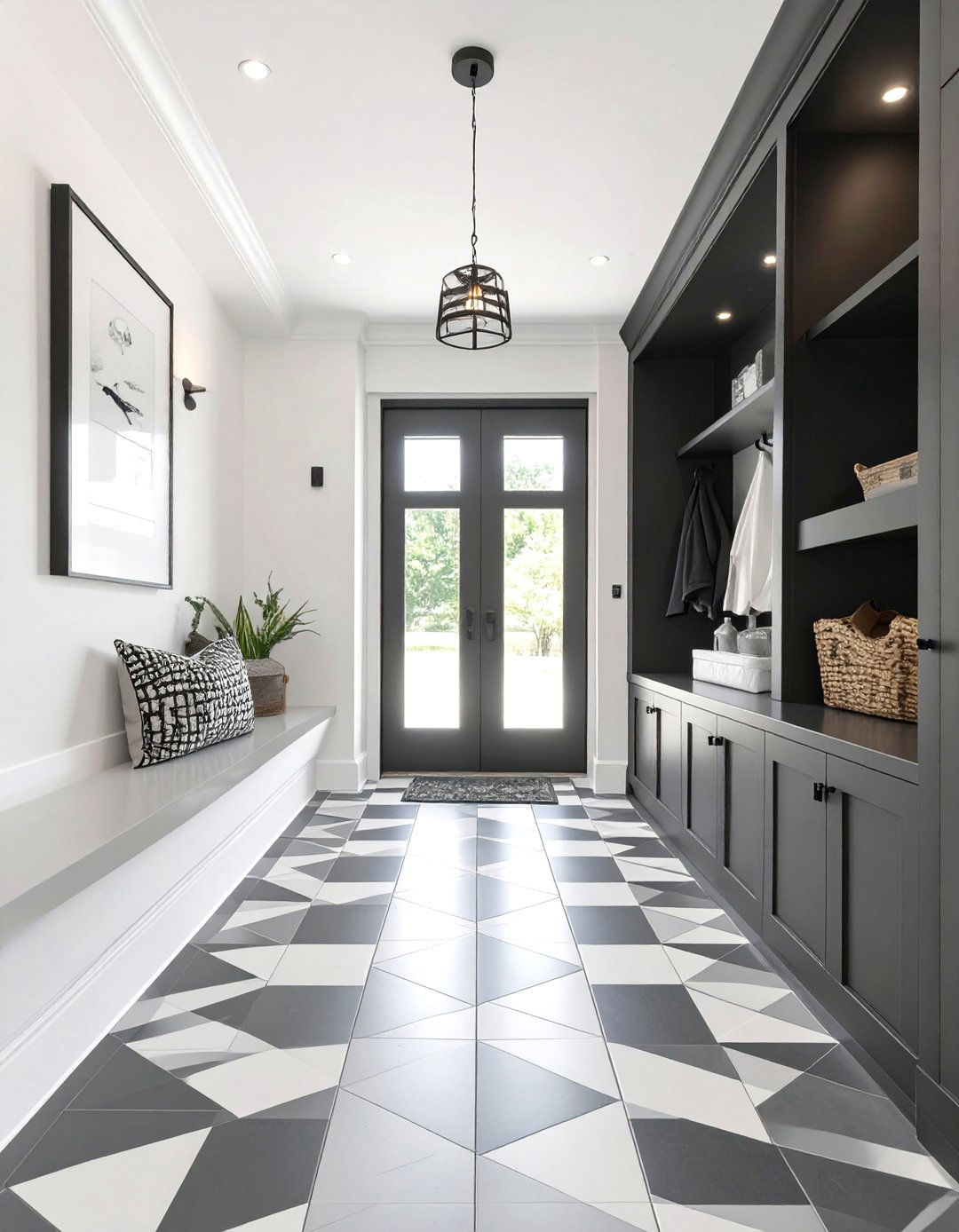 The Black and White Graphic Mudroom - 30 mudroom storage ideas