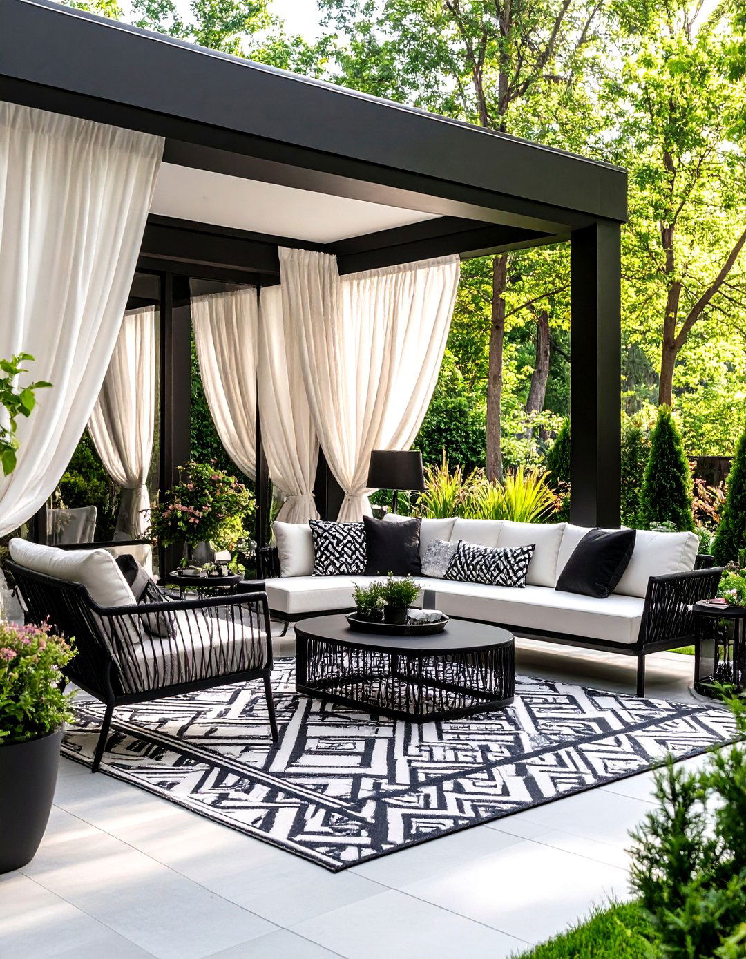 The Black and White Graphic Space - 30 enclosed patio ideas on a budget