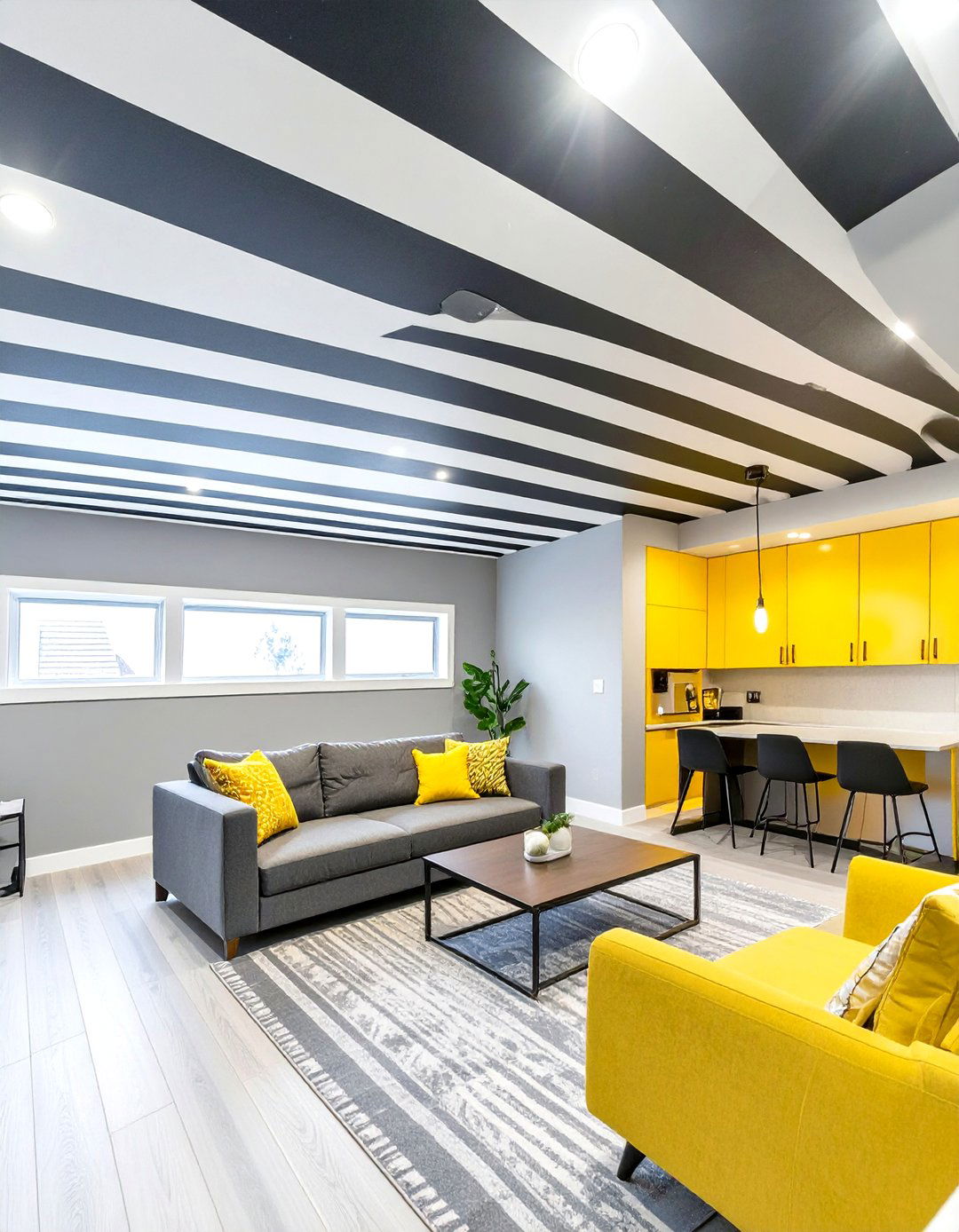 The Black and White Striped Ceiling - 30 cheap basement ceiling ideas