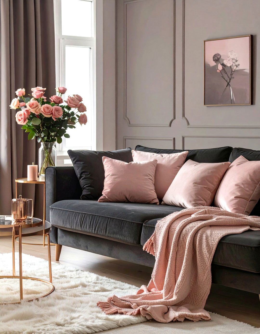 The Blush Pink and Gray Living Room - 30 dark gray couch living room ideas