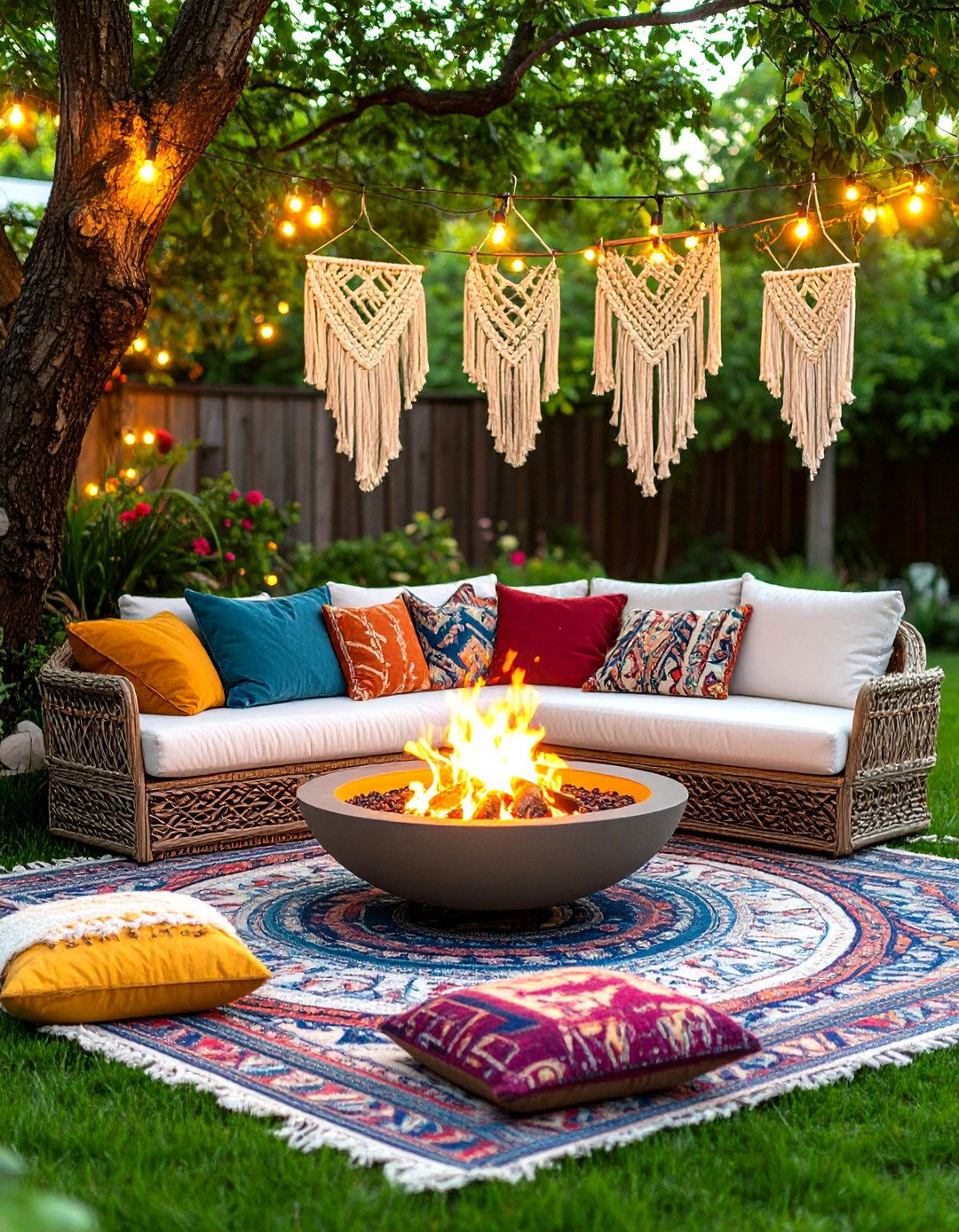 The Bohemian Chic Fire Pit Nook - 30 fire pit ideas for backyard