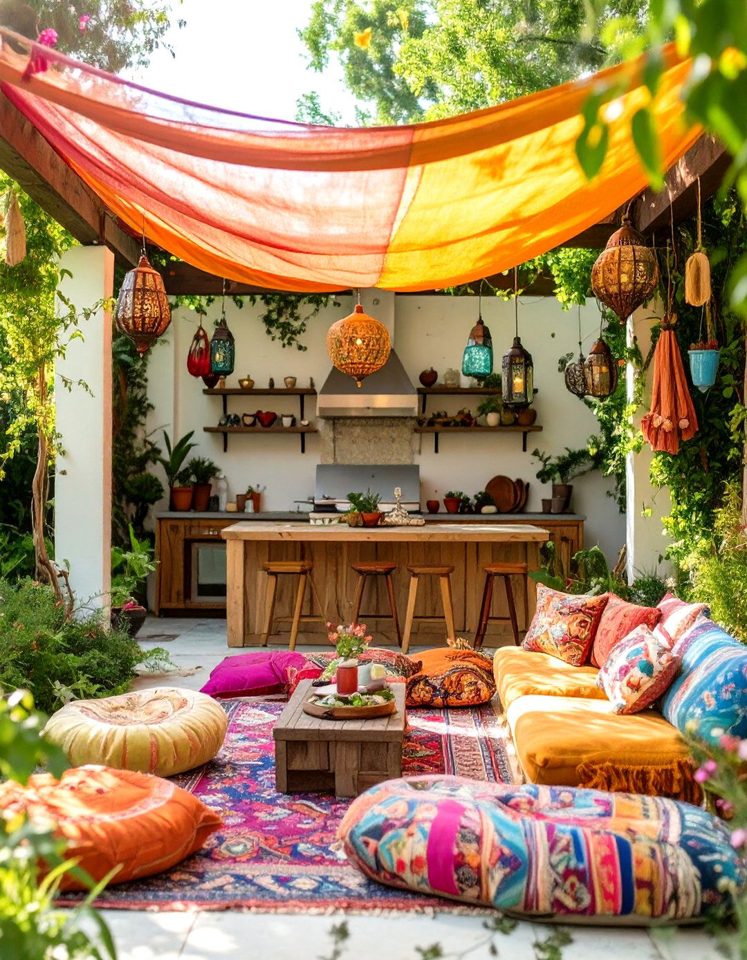 The Bohemian Fabric Canopy Retreat - 30 inexpensive covered outdoor kitchen ideas