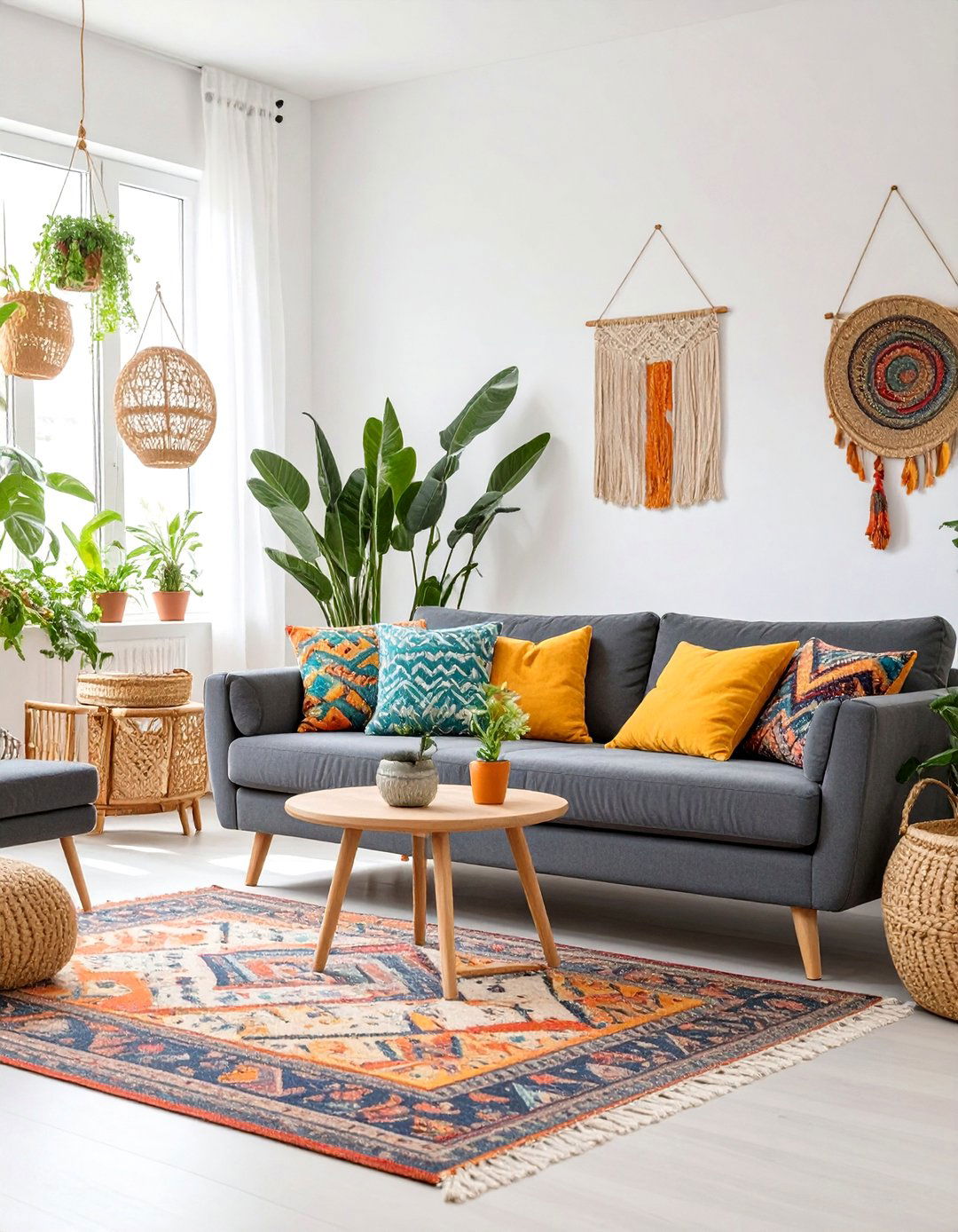 The Bohemian Living Room - 30 dark grey couch living room ideas