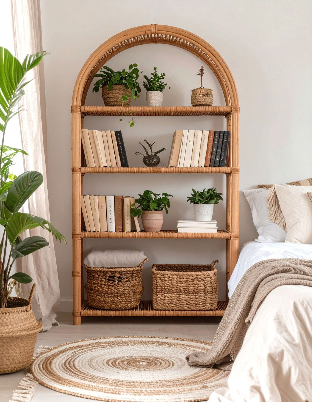 The Bohemian Rattan Bedroom Bookshelf - 30 bedroom bookshelf ideas