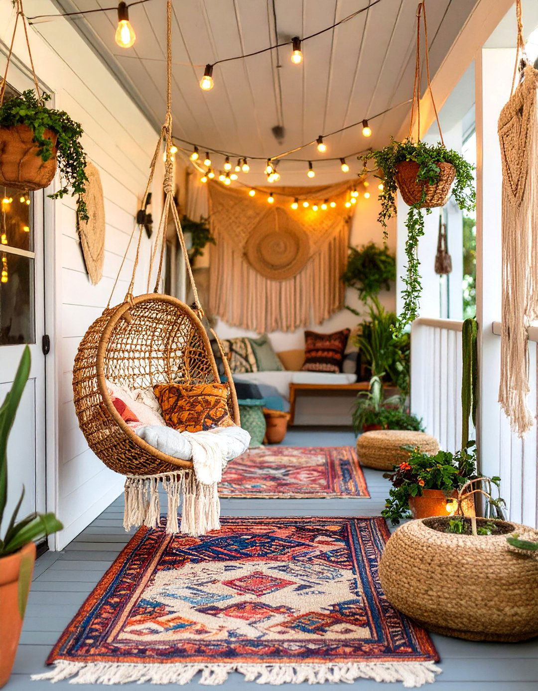 The Bohemian Rattan and Macrame Front Porch - 30 long narrow front porch decorating ideas