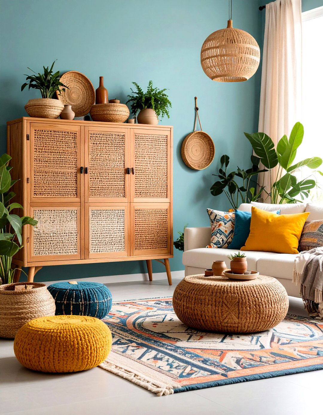 The Bohemian Rattan and Wicker Cabinet Ensemble - 30 living room storage ideas