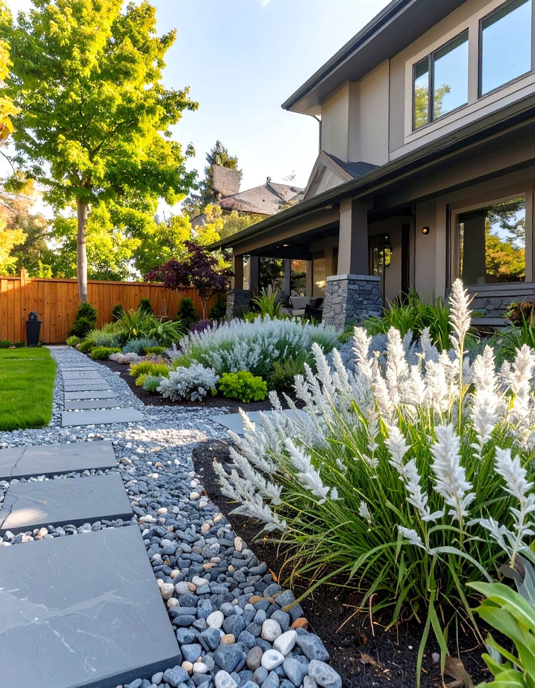 The Bold Monochromatic Scheme - 30 low maintenance front yard landscaping ideas with rocks and mulch