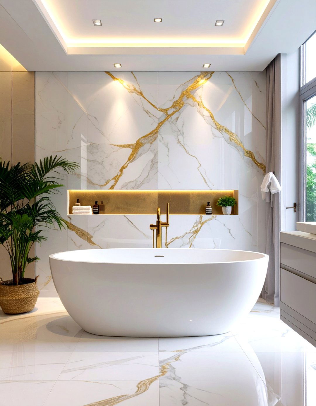 The Bookmatched Marble Wall Master Bathroom - 30 luxury master bathroom ideas