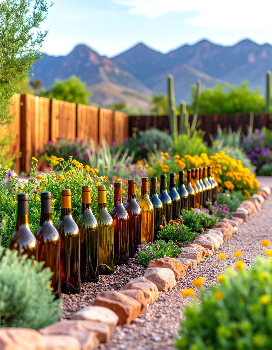 The Bottle Border Garden Bed - 30 inexpensive desert landscaping ideas