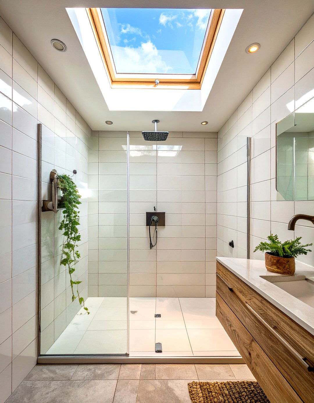 The Bright and Airy Skylight Feature - 30 doorless walk-in shower ideas