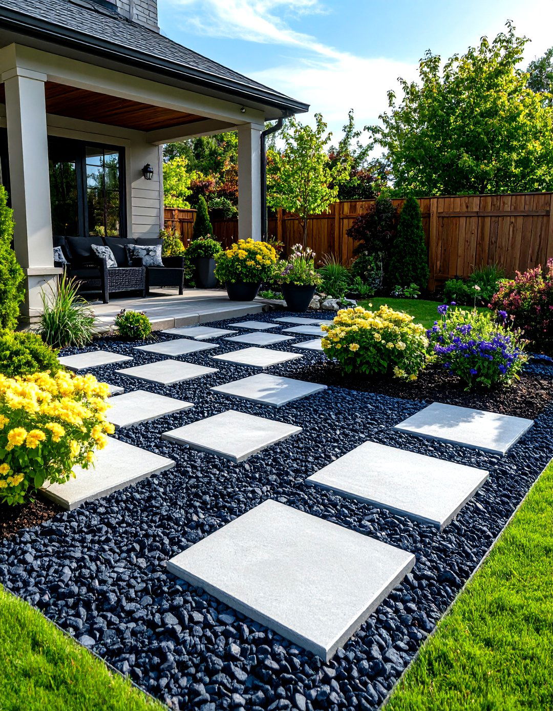 The Checkerboard Pattern with Gravel and Pavers - 30 gravel backyard ideas