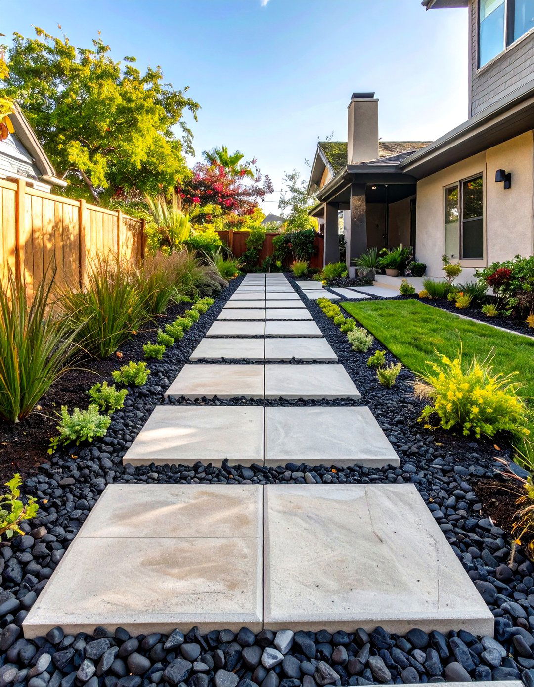 The Checkerboard Pattern with Pavers and Rocks - 30 low maintenance front yard landscaping ideas with rocks and mulch