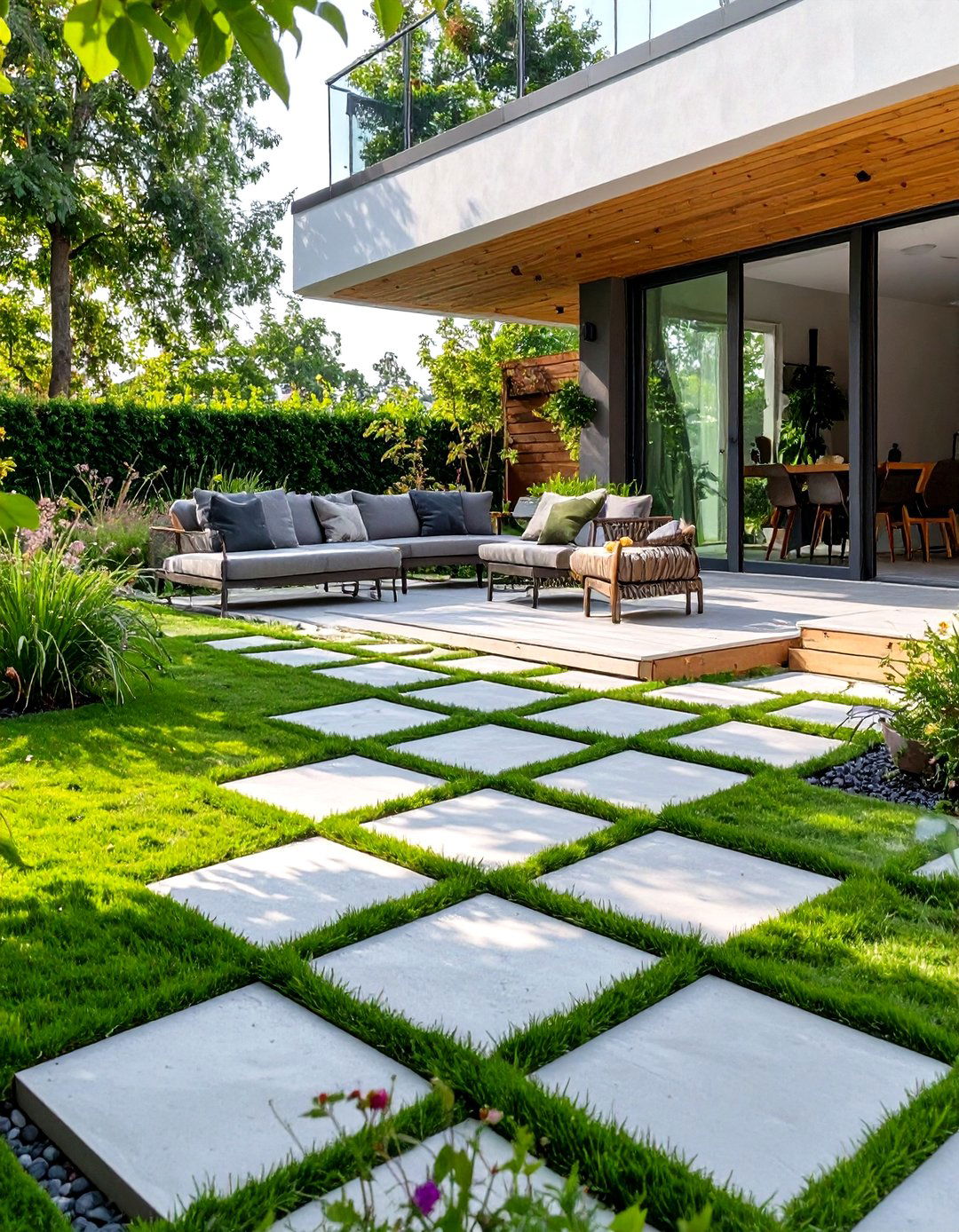 The Checkerboard Paver and Grass Deck - 30 low budget floating deck ideas