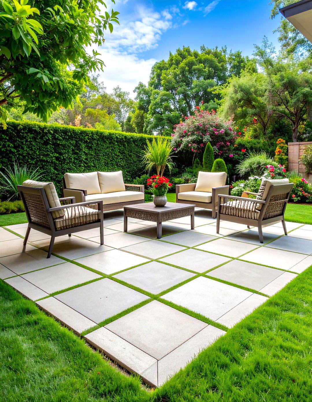 The Checkerboard Paver and Grass Deck - 30 backyard deck ideas on a budget