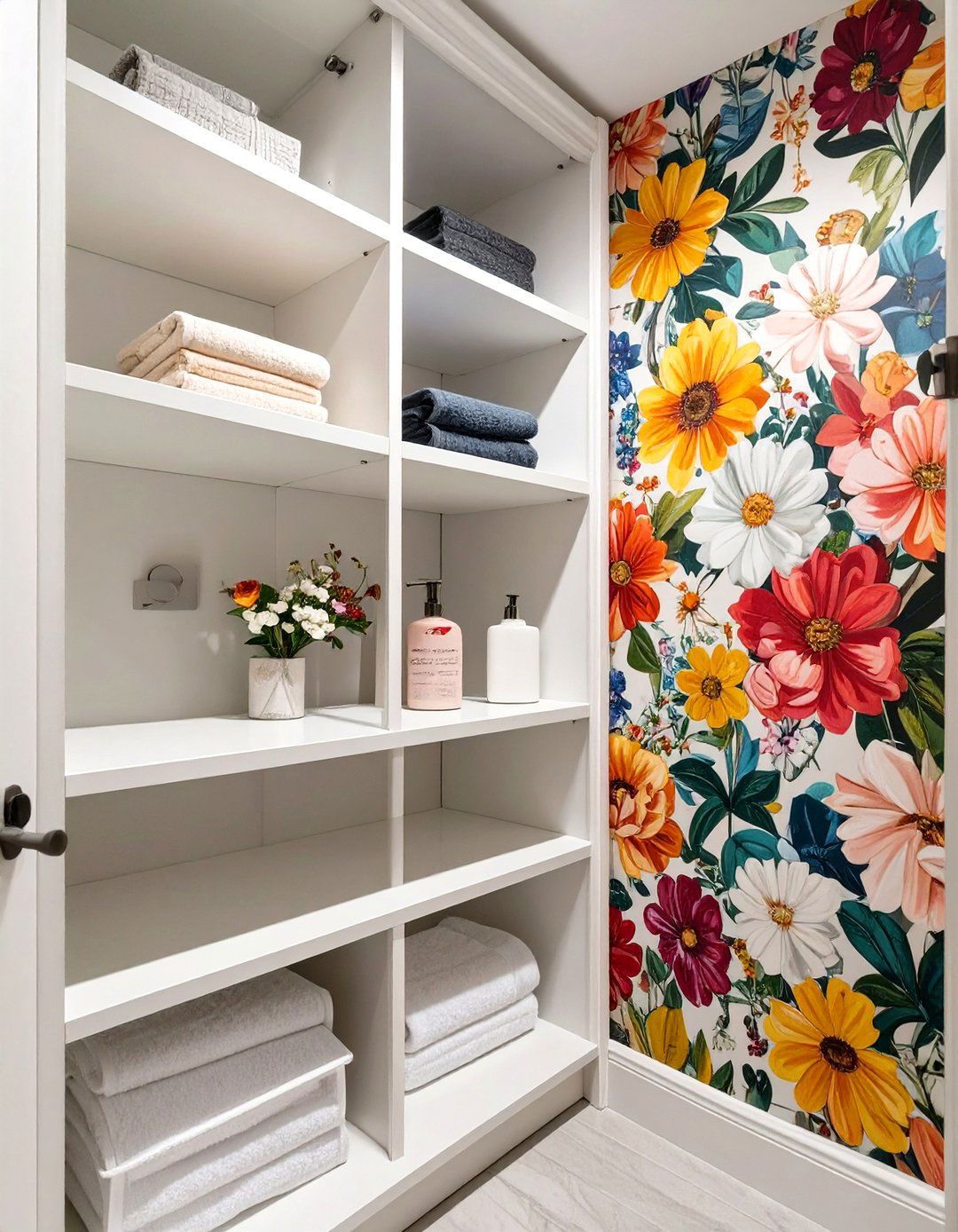 The Cheerful Patterned Wallpaper Closet - 30 bathroom linen closet ideas