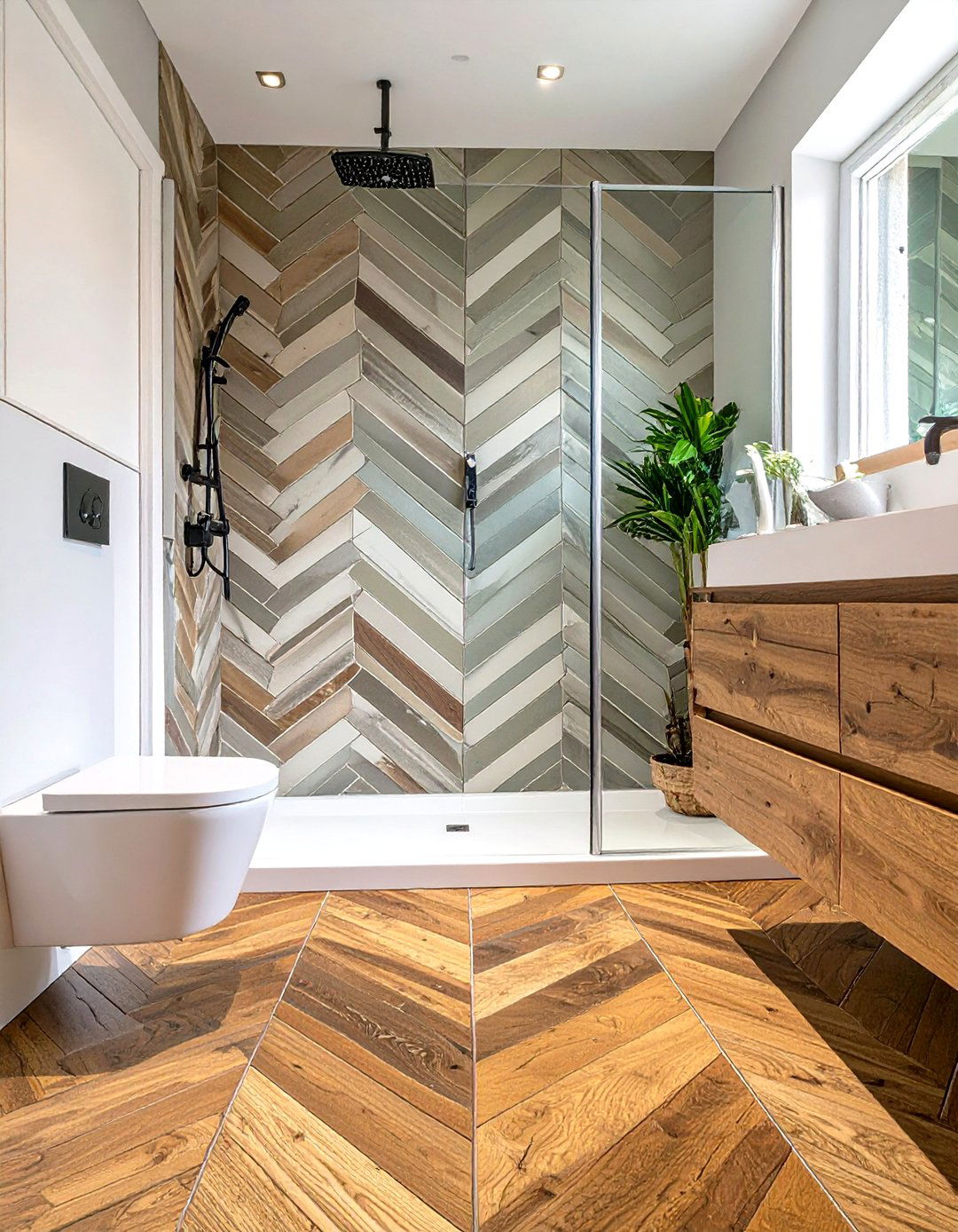 The Chevron Pattern Curbless Shower - 30 curbless shower ideas