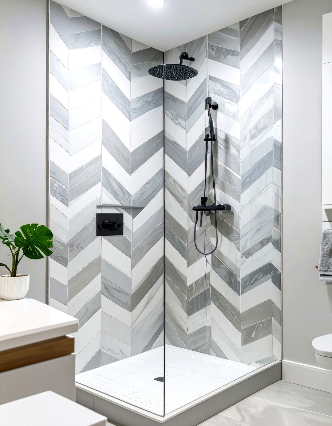 The Chevron Tiled Statement Wall Shower - 30 master shower ideas