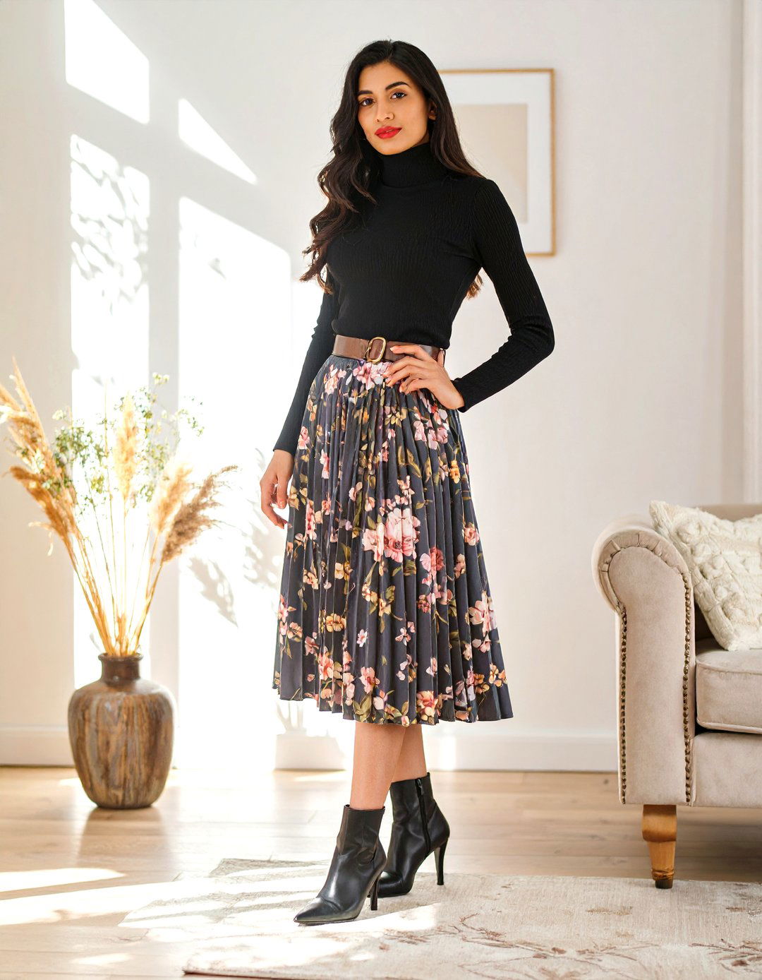 The Chic Turtleneck and Midi Skirt - 30 baby shower outfit ideas guest winter