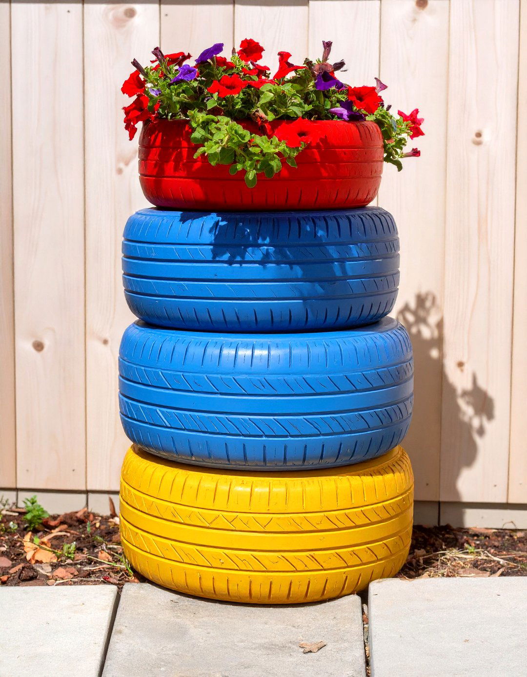 The Classic Painted Tyre Planter Stack - 30 creative landscape tyre garden designs