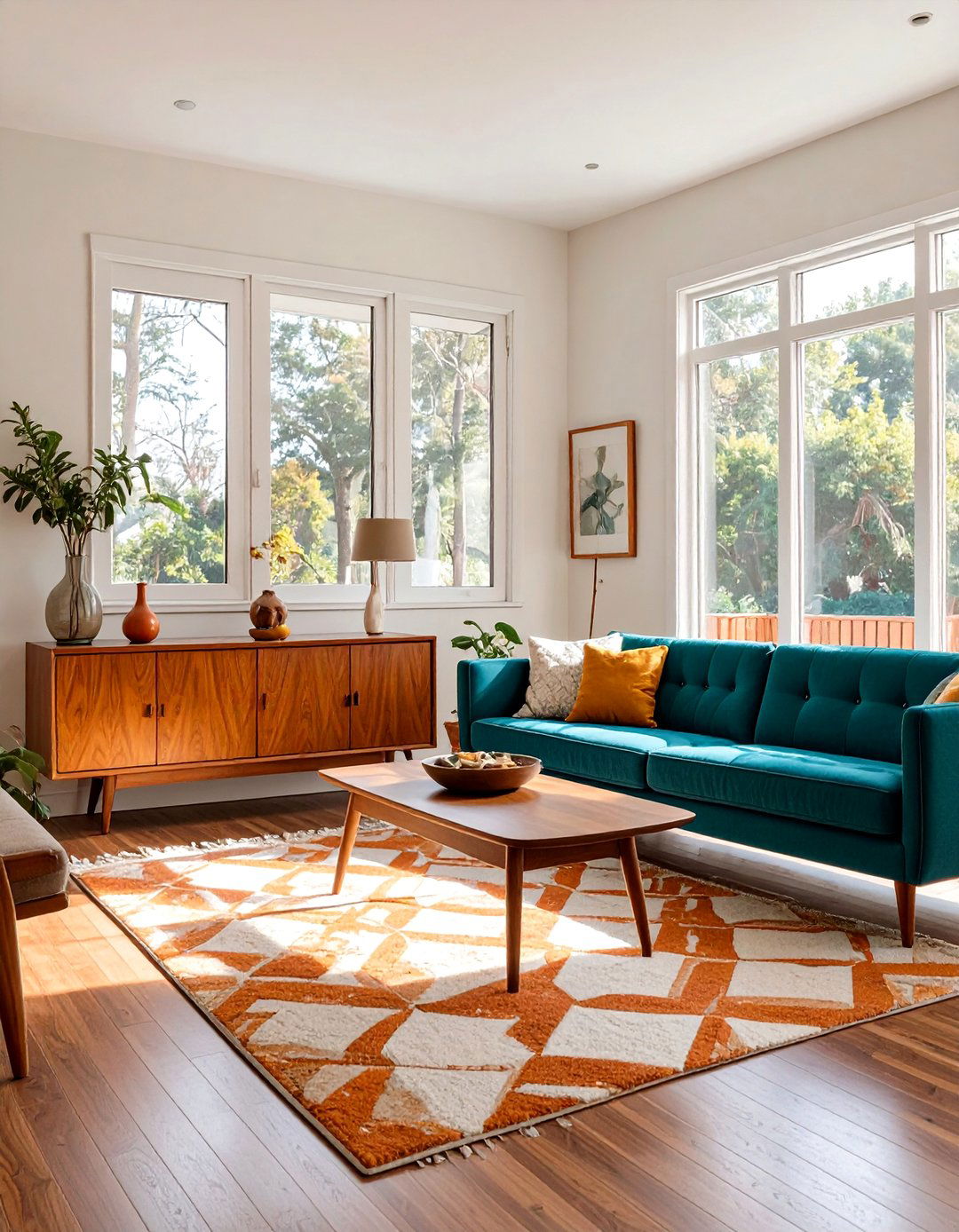 The Classic Walnut and Teal Living Room - 30 ai mid-century living room ideas