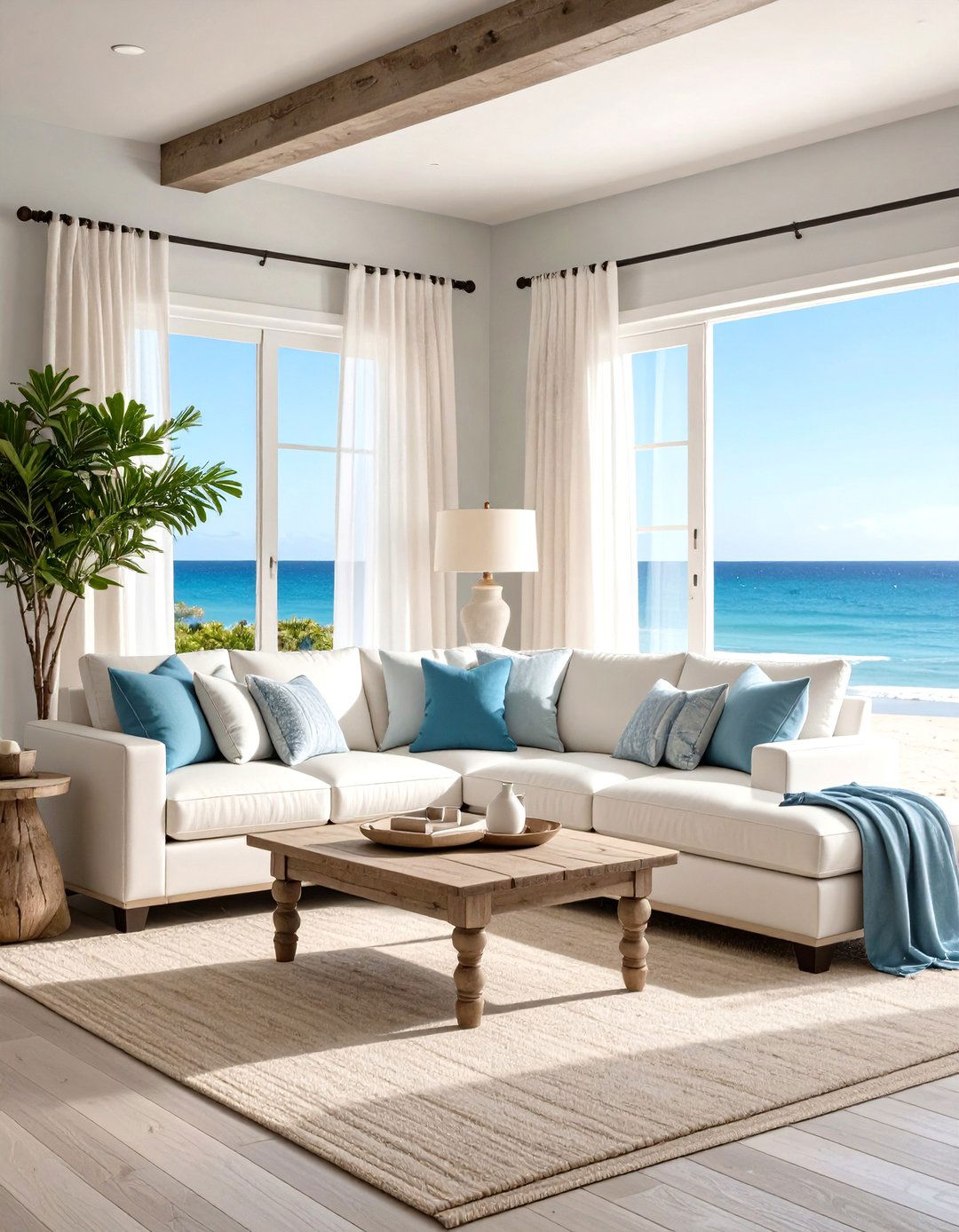 The Coastal Living Room with a White Leather Couch - 30 leather couch living room ideas