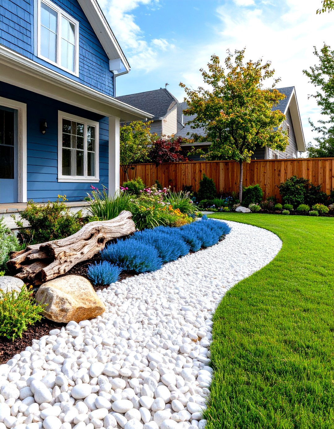 The Coastal Vibe with White Pebbles and Grasses - 30 front yard landscaping ideas with rocks