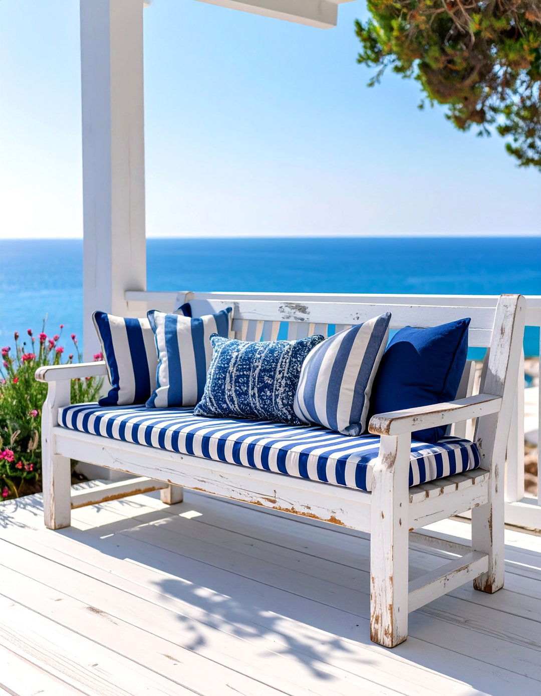 The Coastal Whitewashed Deck Bench - 30 deck bench ideas