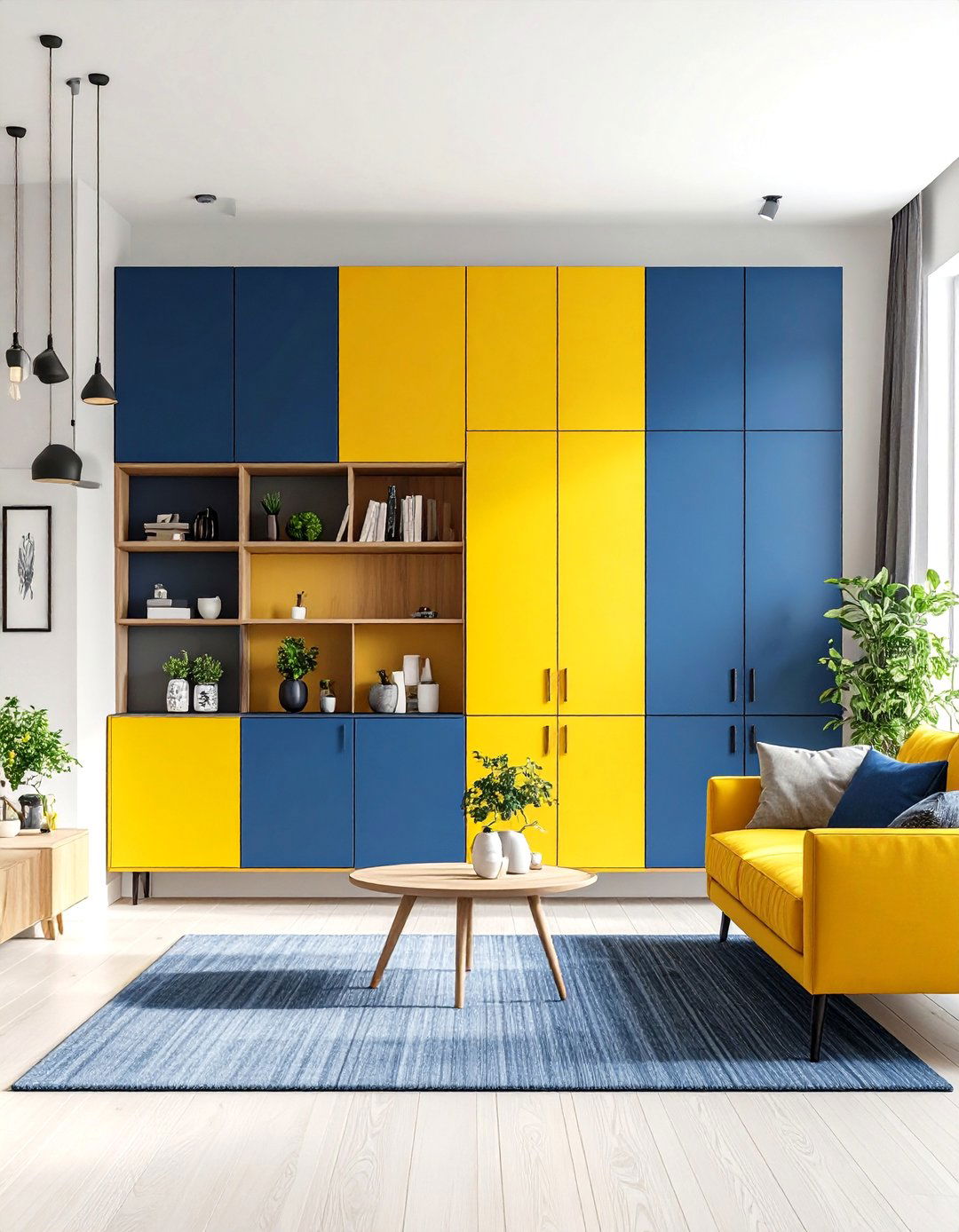 The Color Blocked Wall of Cabinets - 30 living room storage ideas