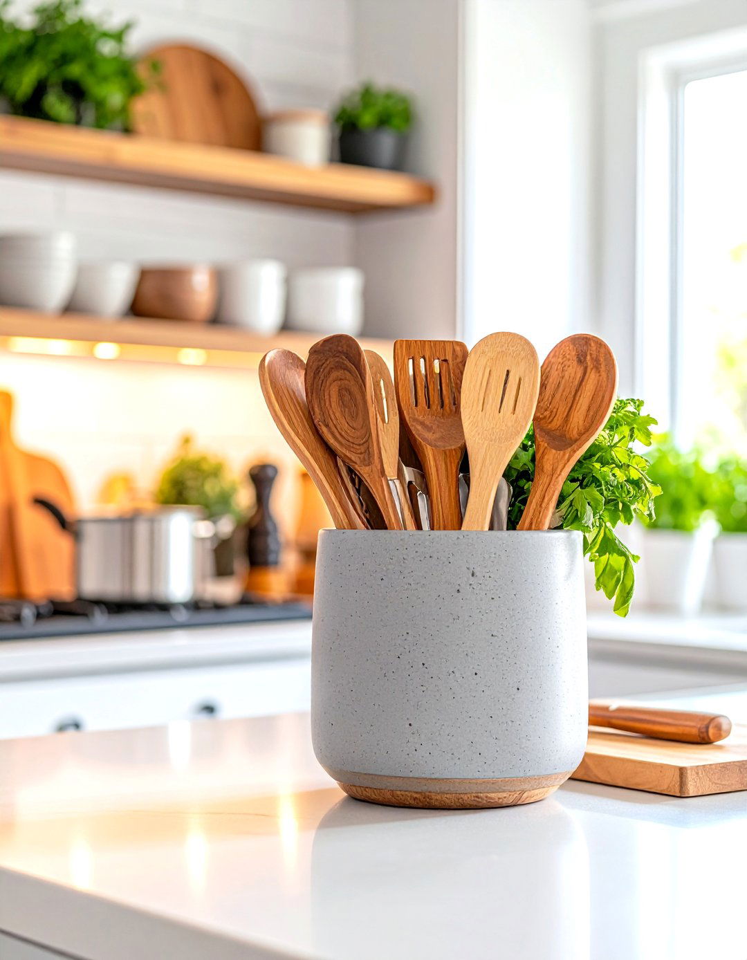 The Color Coordinated Utensil Crock - 30 kitchen island centerpiece ideas