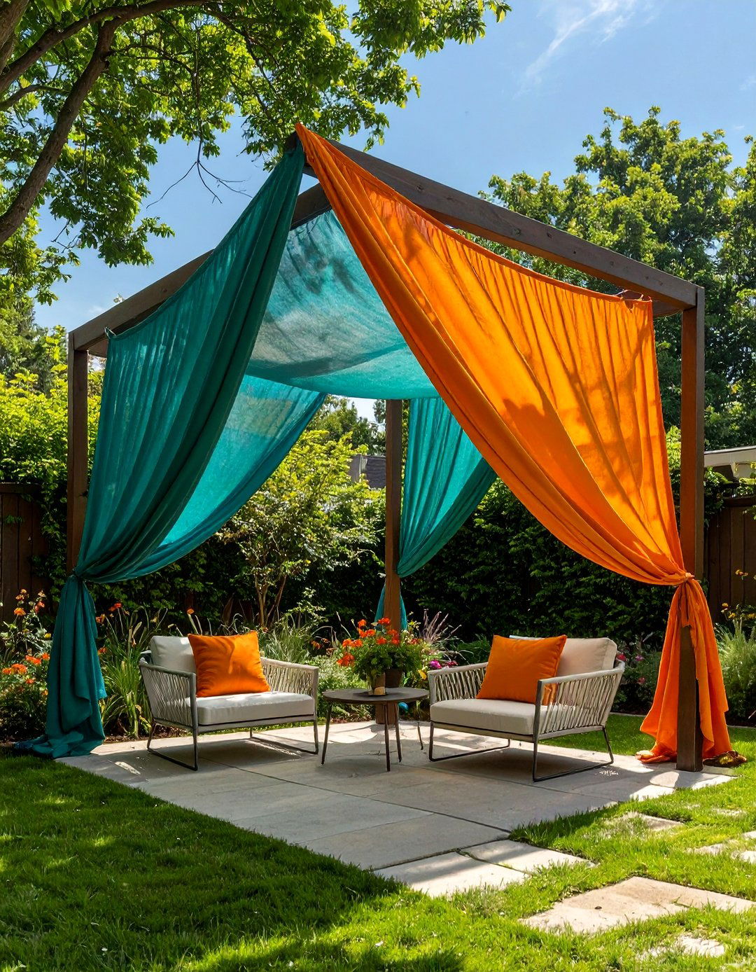 The Colorful Fabric Shade Sail Nook - 30 backyard patio ideas on a budget