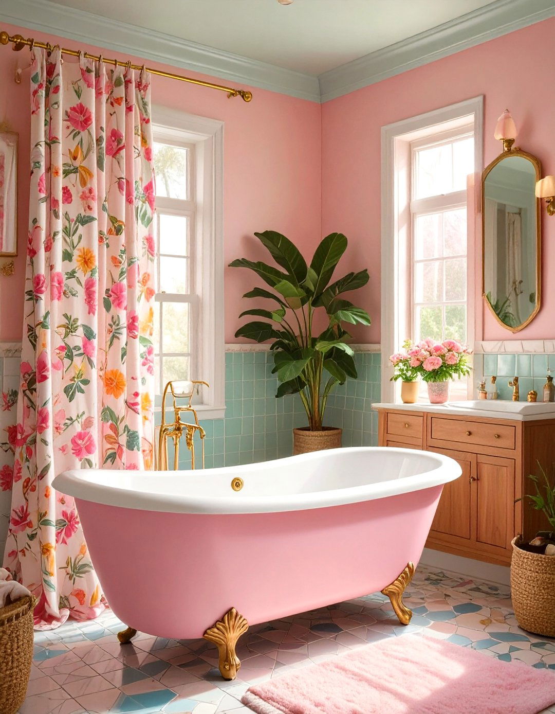 The Colorful Retro Bathtub Shower - 30 bathtub shower combo ideas