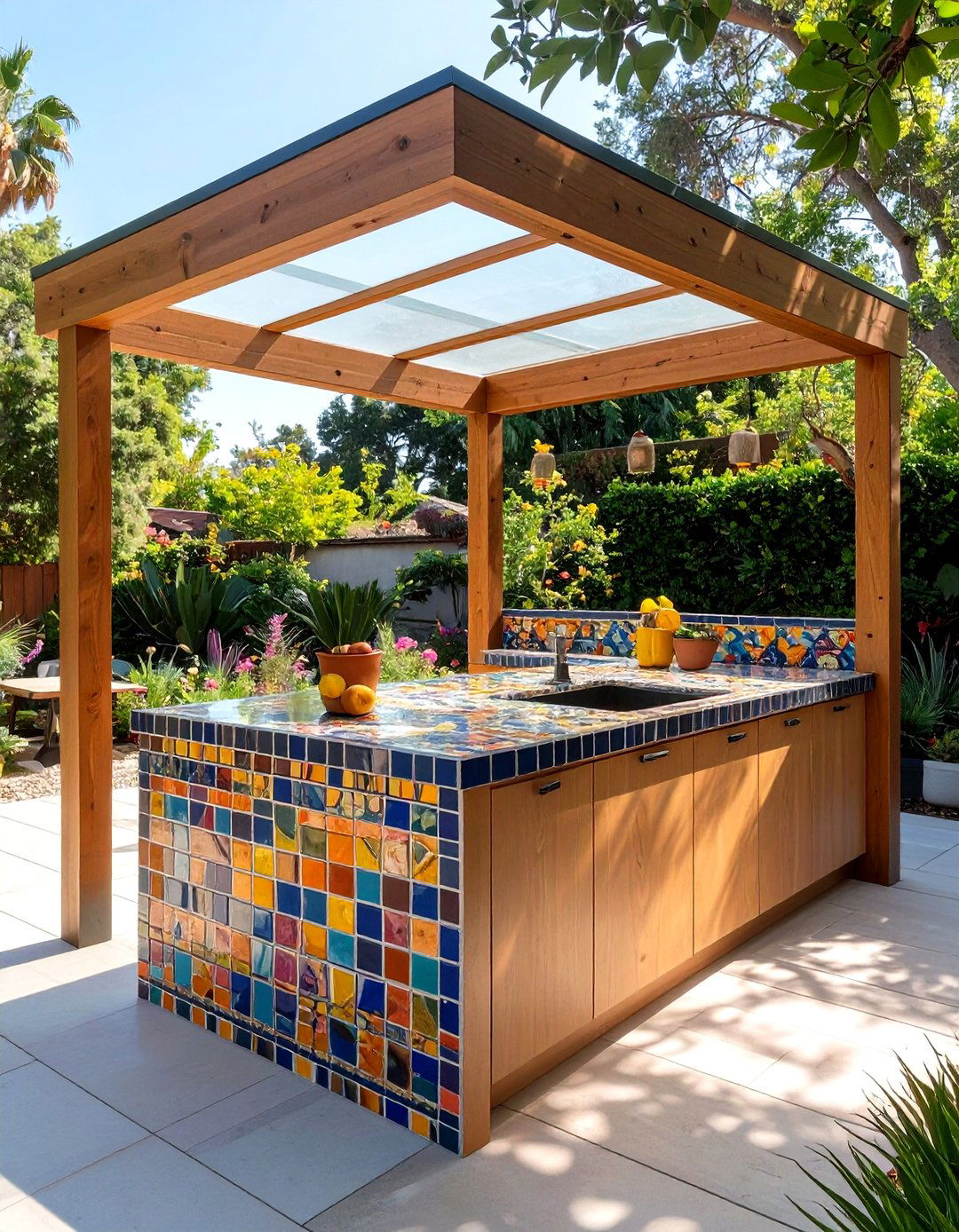 The Colorful Tiled Countertop Nook - 30 inexpensive covered outdoor kitchen ideas