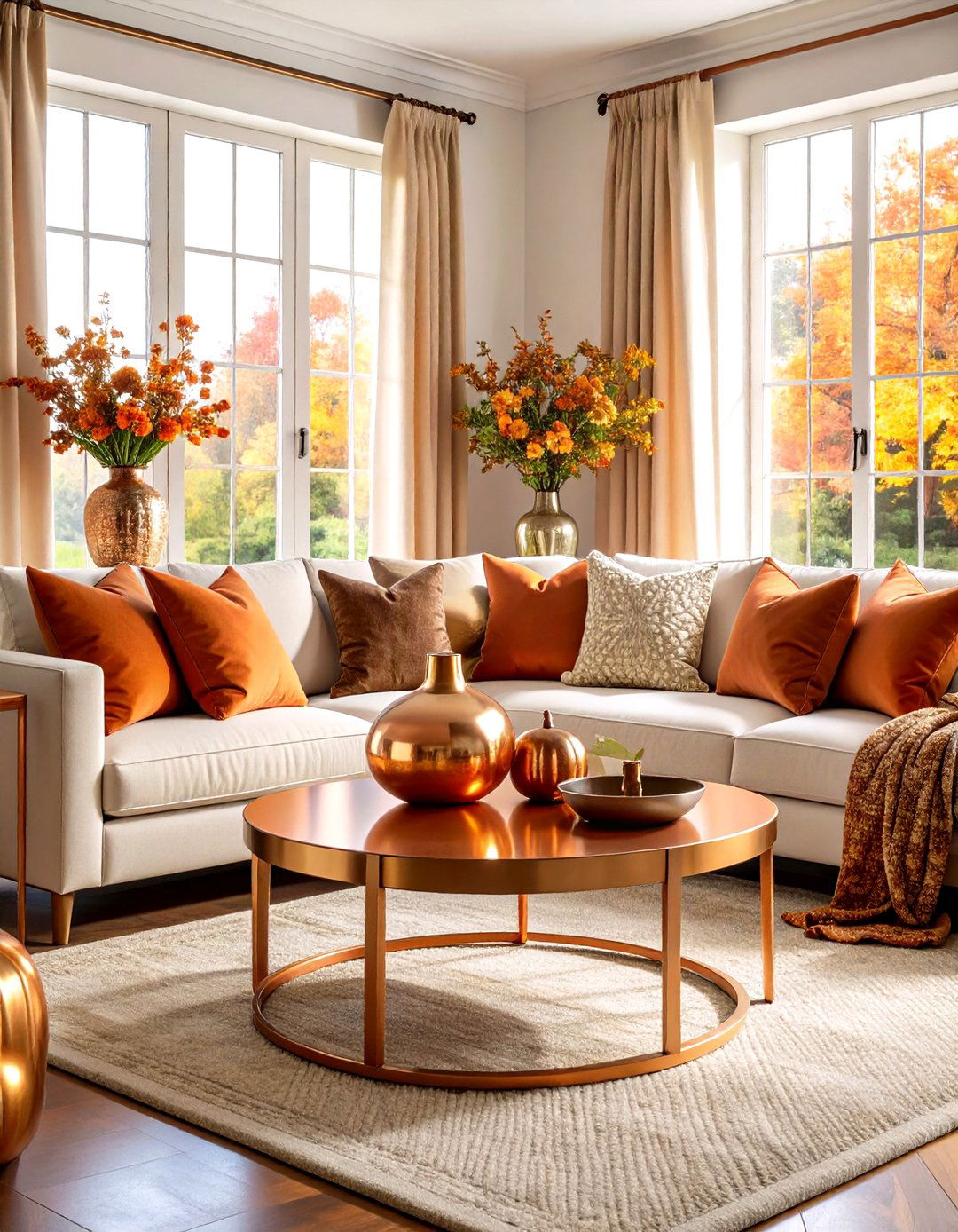 The Copper and Metallic Accents Living Room - 30 living room fall decor ideas
