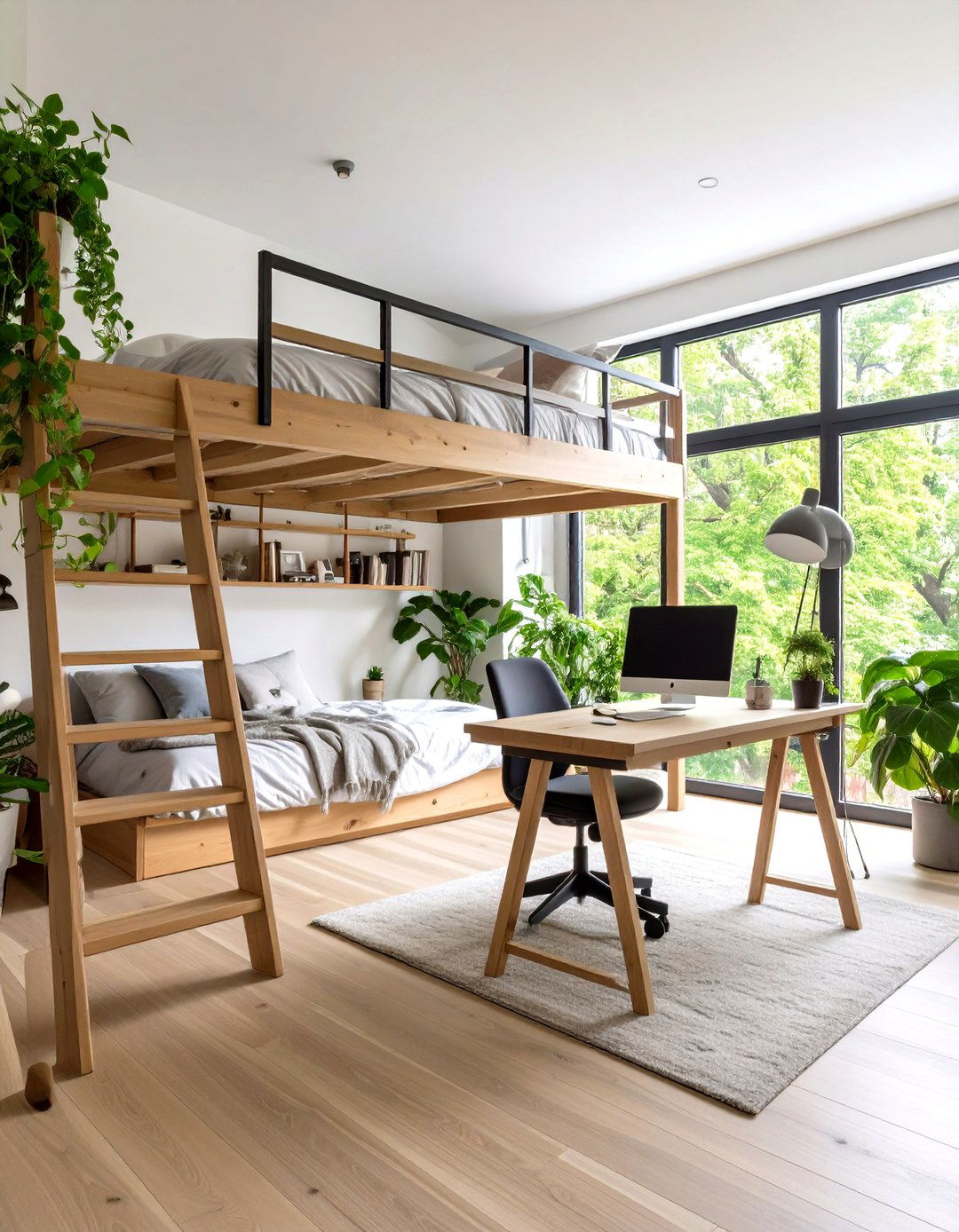 The Corner Desk and Loft Bed Combo - 30 layout ways to arrange a small bedroom ideas