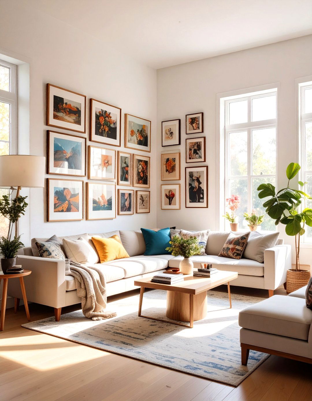The Corner Gallery Wall - 30 living room gallery wall ideas