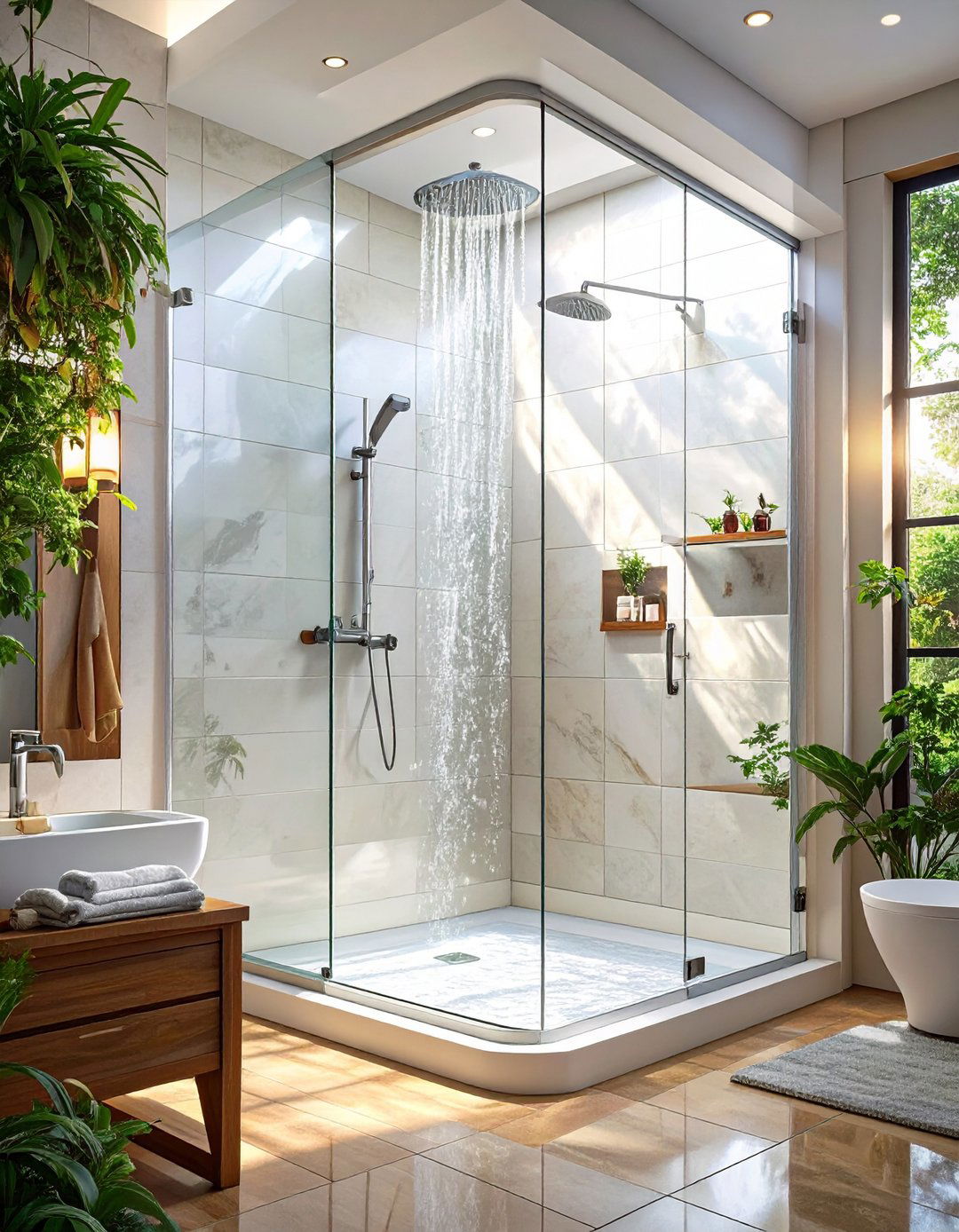 The Corner Walk In Shower with a Curved Screen - 30 modern small bathroom walk in shower ideas