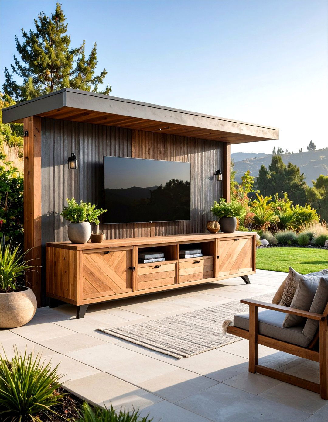The Corrugated Metal TV Cabinet - 30 diy outdoor tv ideas
