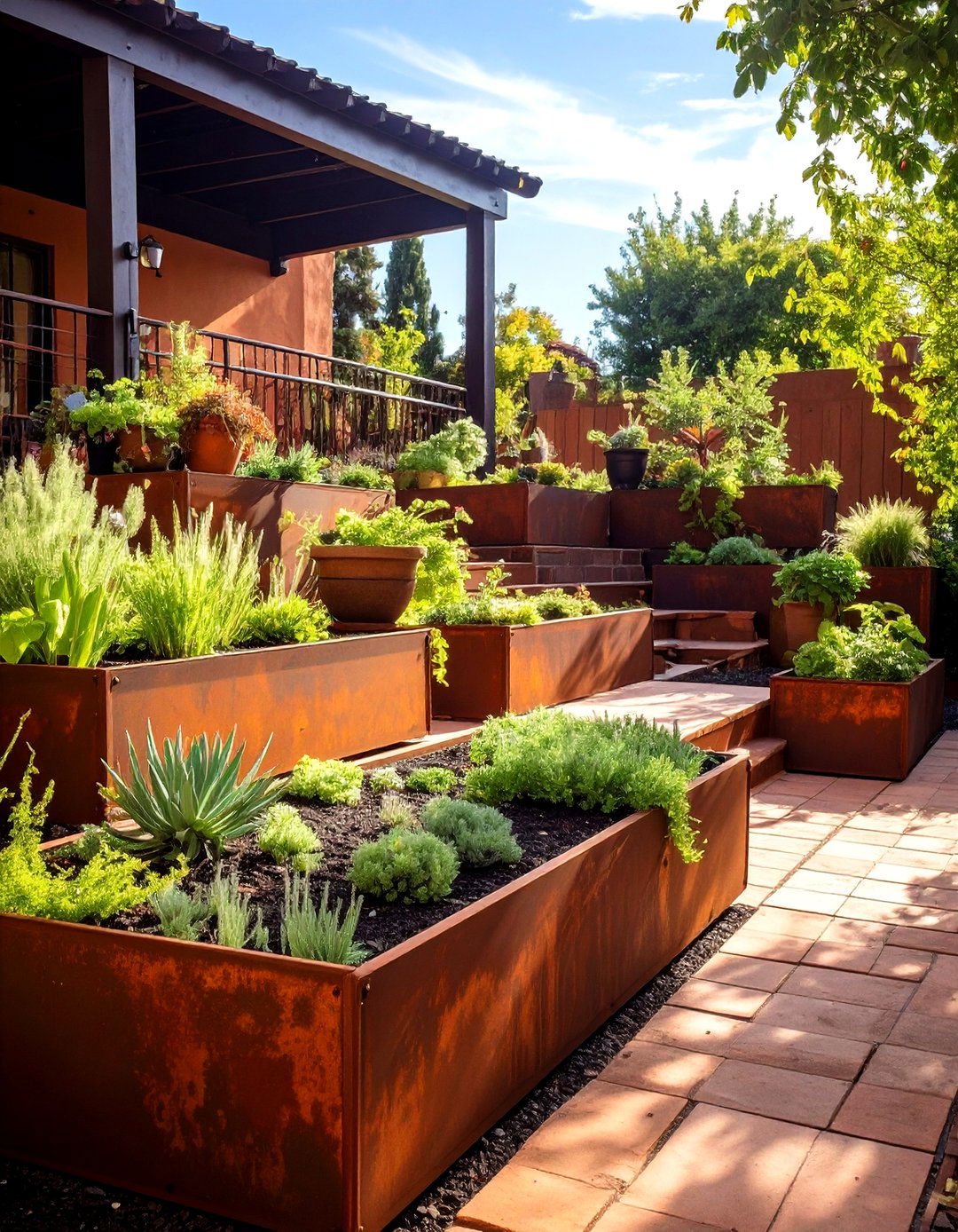 The Corten Steel Planter Terraces - 30 down sloped backyard ideas