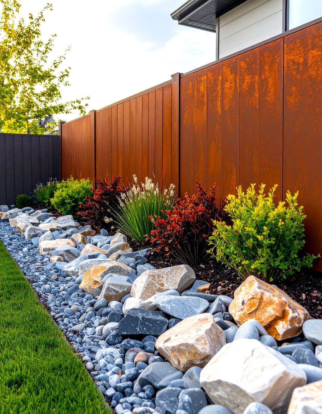 The Corten Steel and Rock Combination - 30 front yard landscaping ideas with rocks no grass