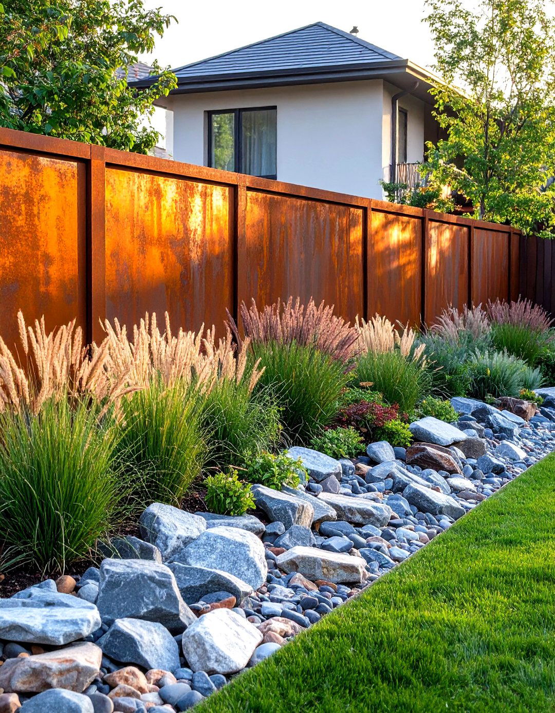The Corten Steel and Rock Garden - 30 front yard landscaping ideas modern rock garden ideas