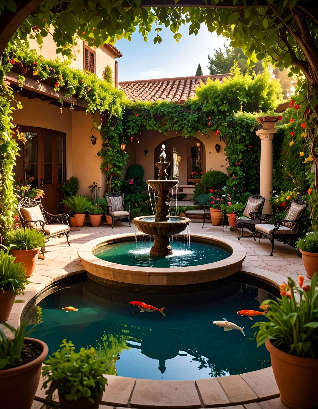 The Courtyard Fountain Pond - 30 backyard koi pond ideas
