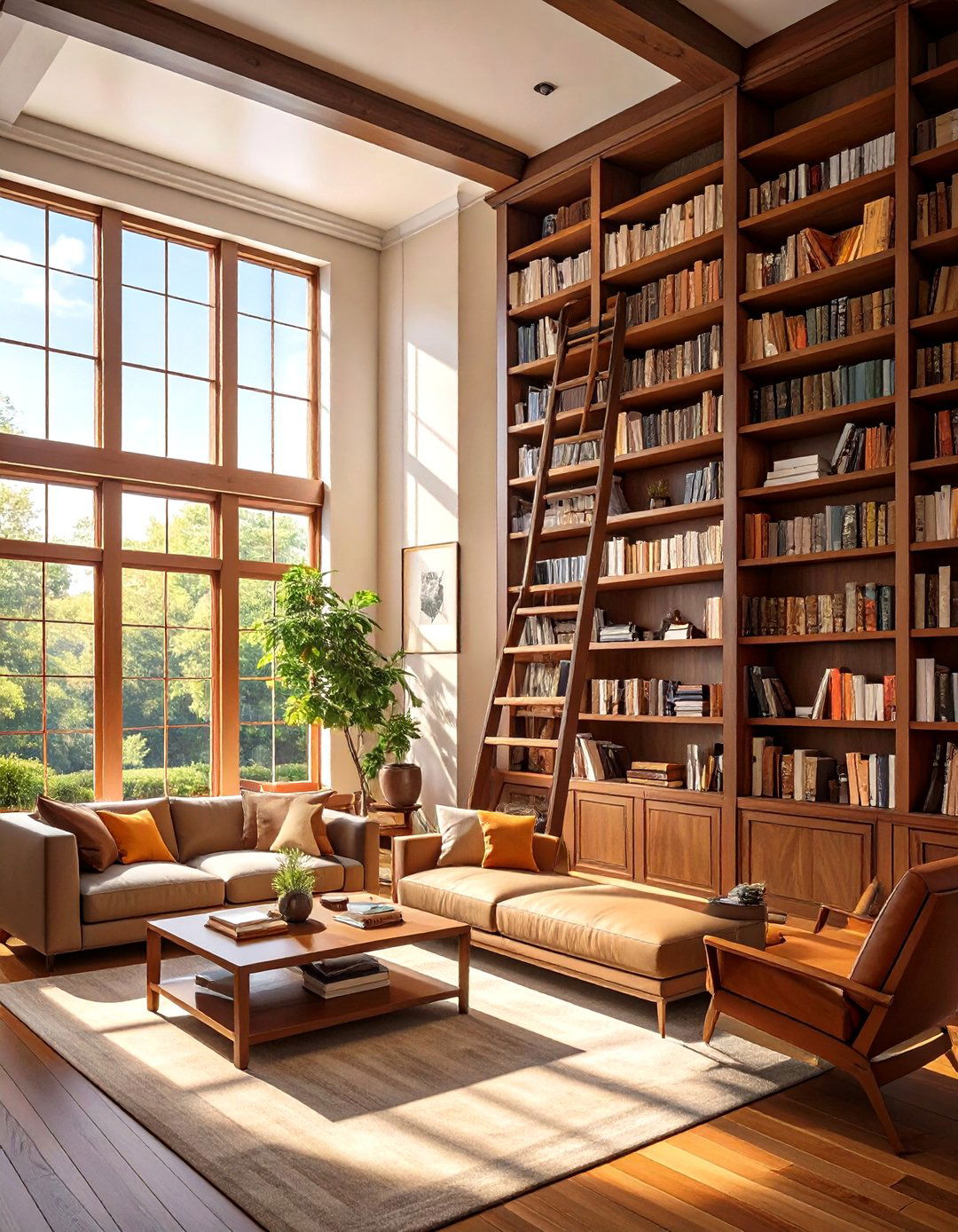The Cozy Library Living Room with Tall Shelving - 30 high ceiling living room ideas