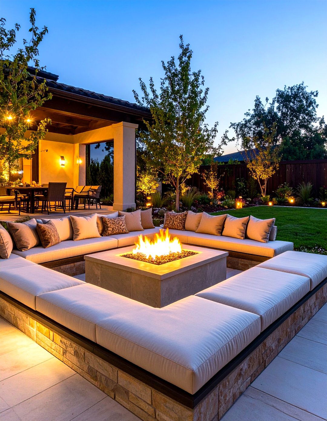 The Cozy Sunken Seating Area with Fire Pit - 30 large backyard landscaping ideas