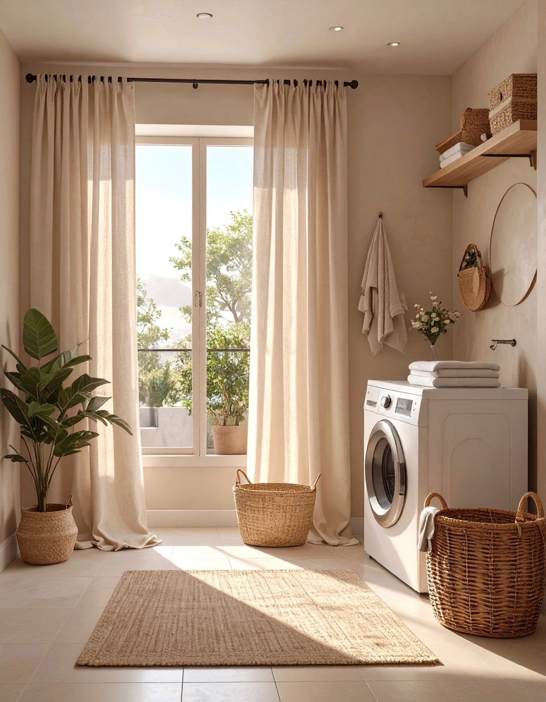 The Curtain Concealment Trick - 30 combination small bathroom and laundry room combo designs